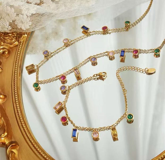 Colorful Waterdrop Square Cubic Zircon Tassel Necklace Bracelet