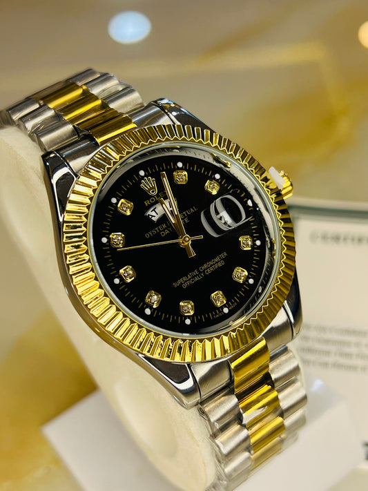 Premium Date Two Tone Black Dial Watch